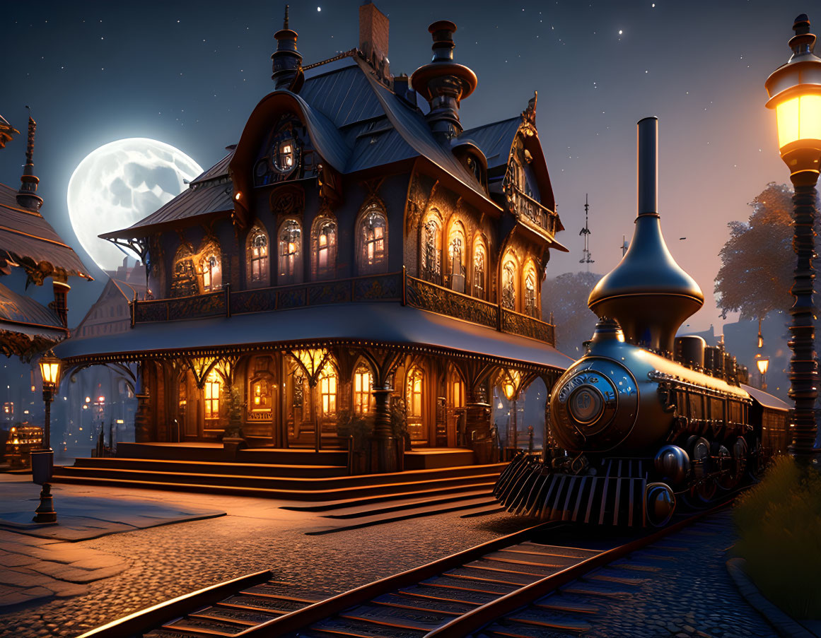 Vintage train beside ornate house on moonlit night