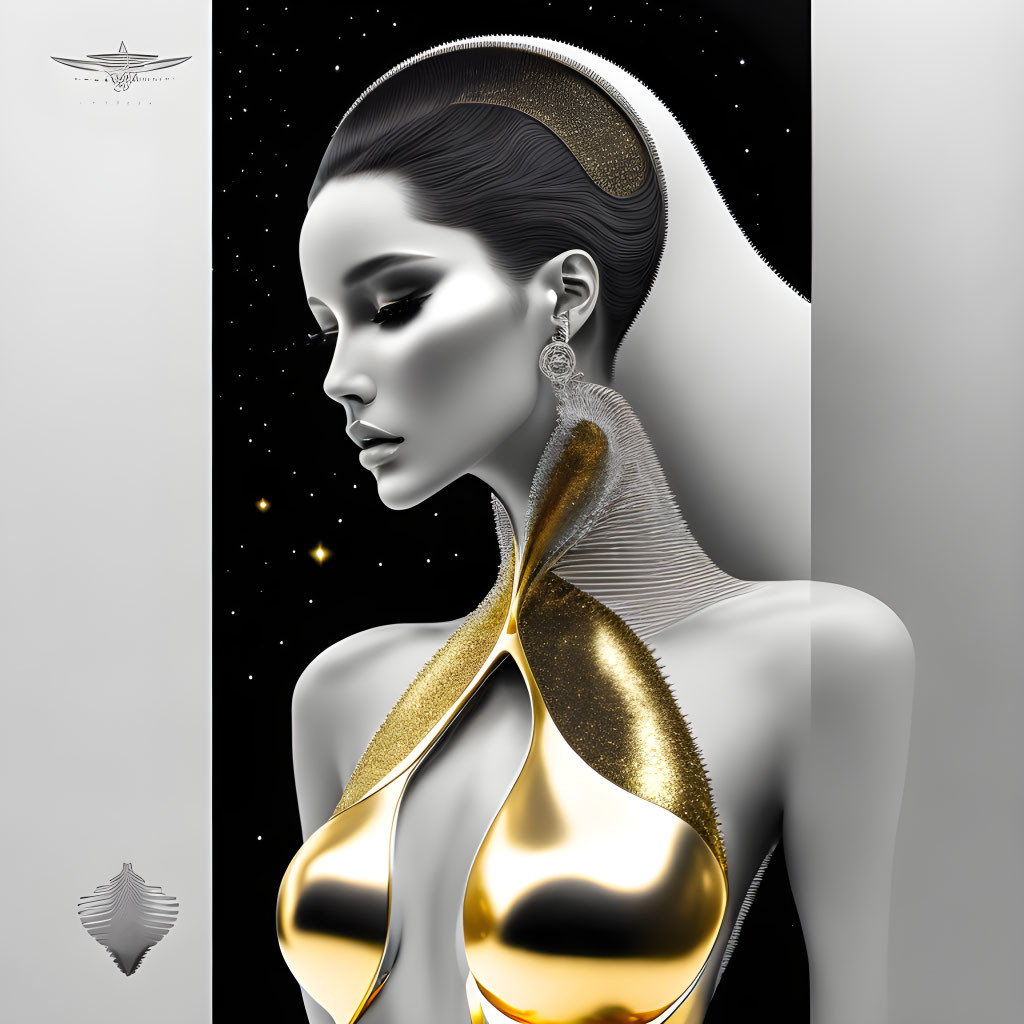 Stylized portrait of woman with sleek bun in gold and white attire