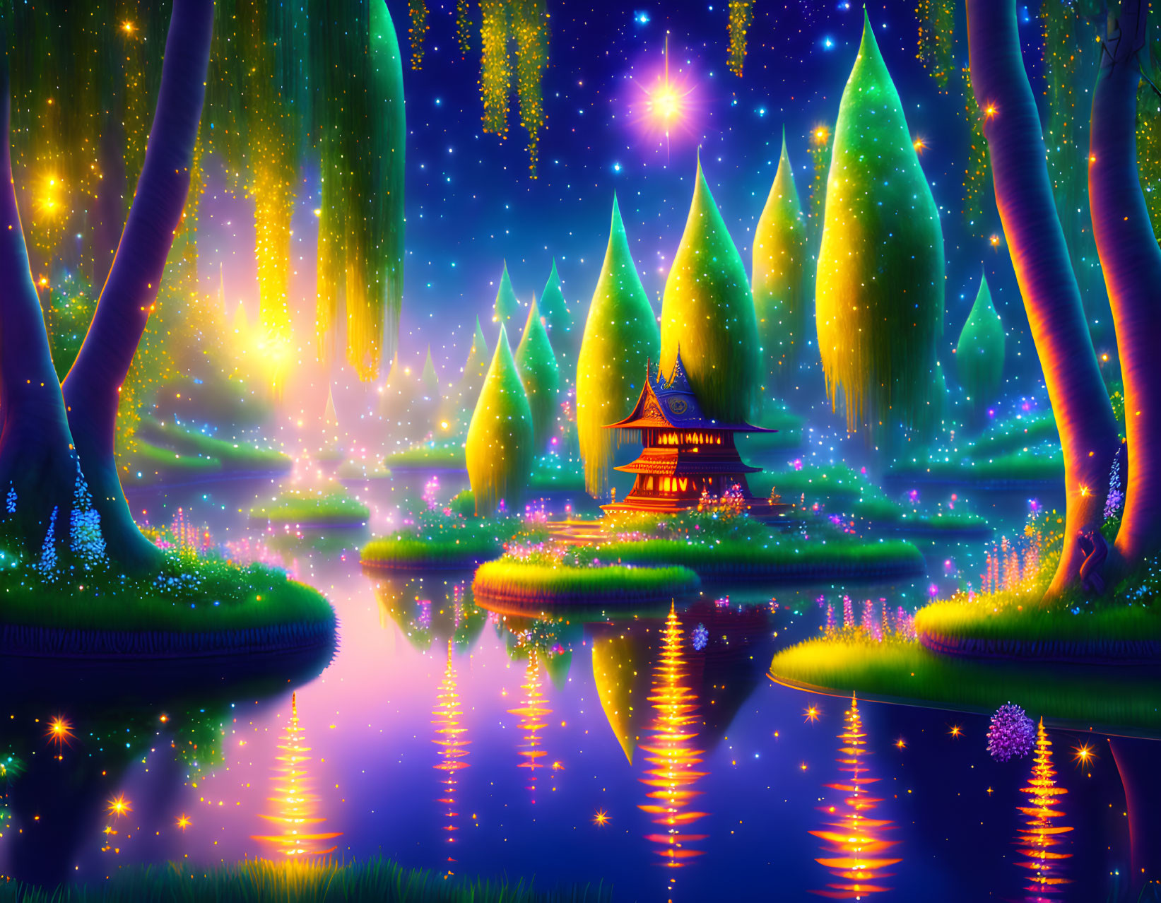 Nighttime mystical landscape with glowing trees, pagoda, reflections, and starry sky