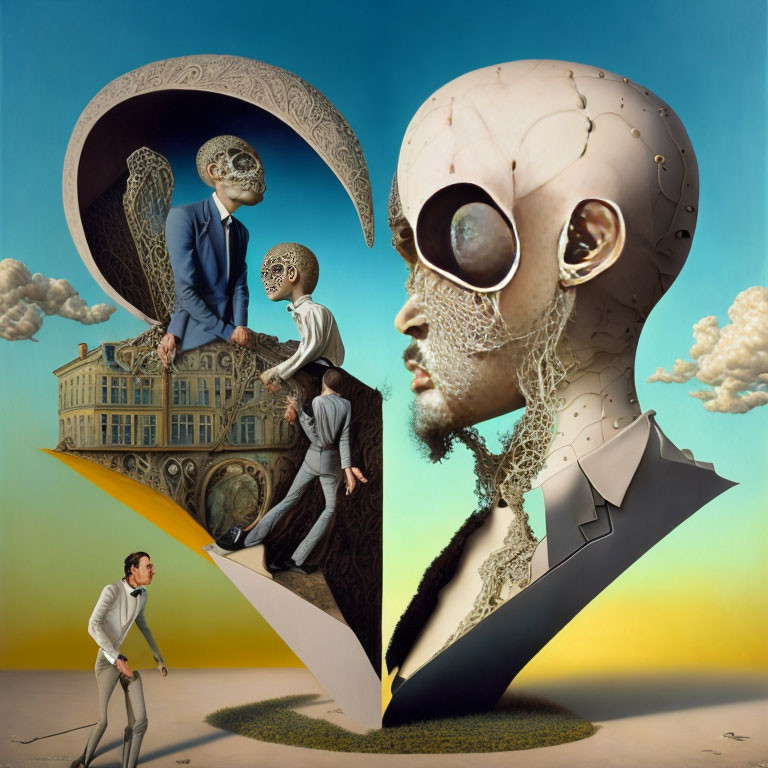 Surreal Split Head Artwork with Intricate Interiors and Figures in Sky Scene