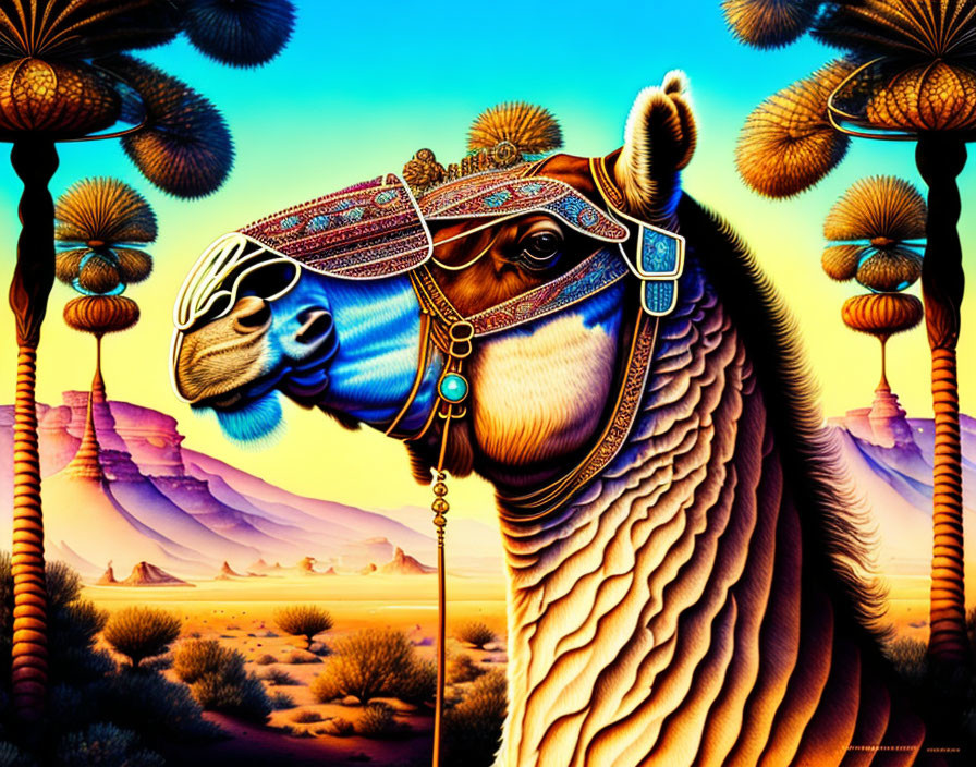 Colorful Camel Illustration in Desert Landscape with Sand Dunes and Trees