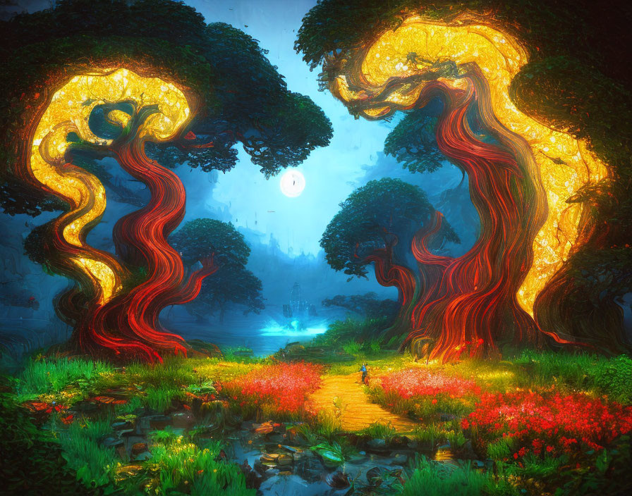 Enchanted forest with twisted crimson and gold trees, moonlit path, and lone figure among red