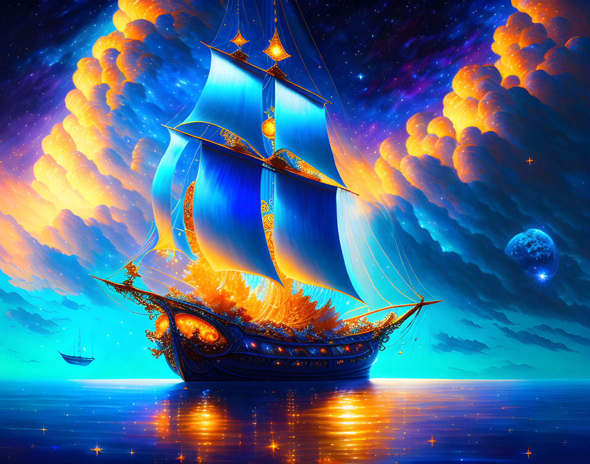 Fantastical golden ship with glowing sails on starry ocean