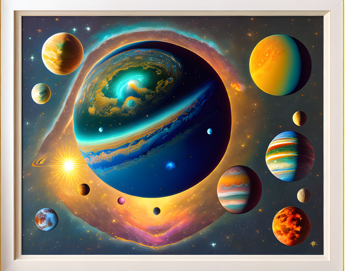 Colorful Framed Artwork of Fantastical Solar System