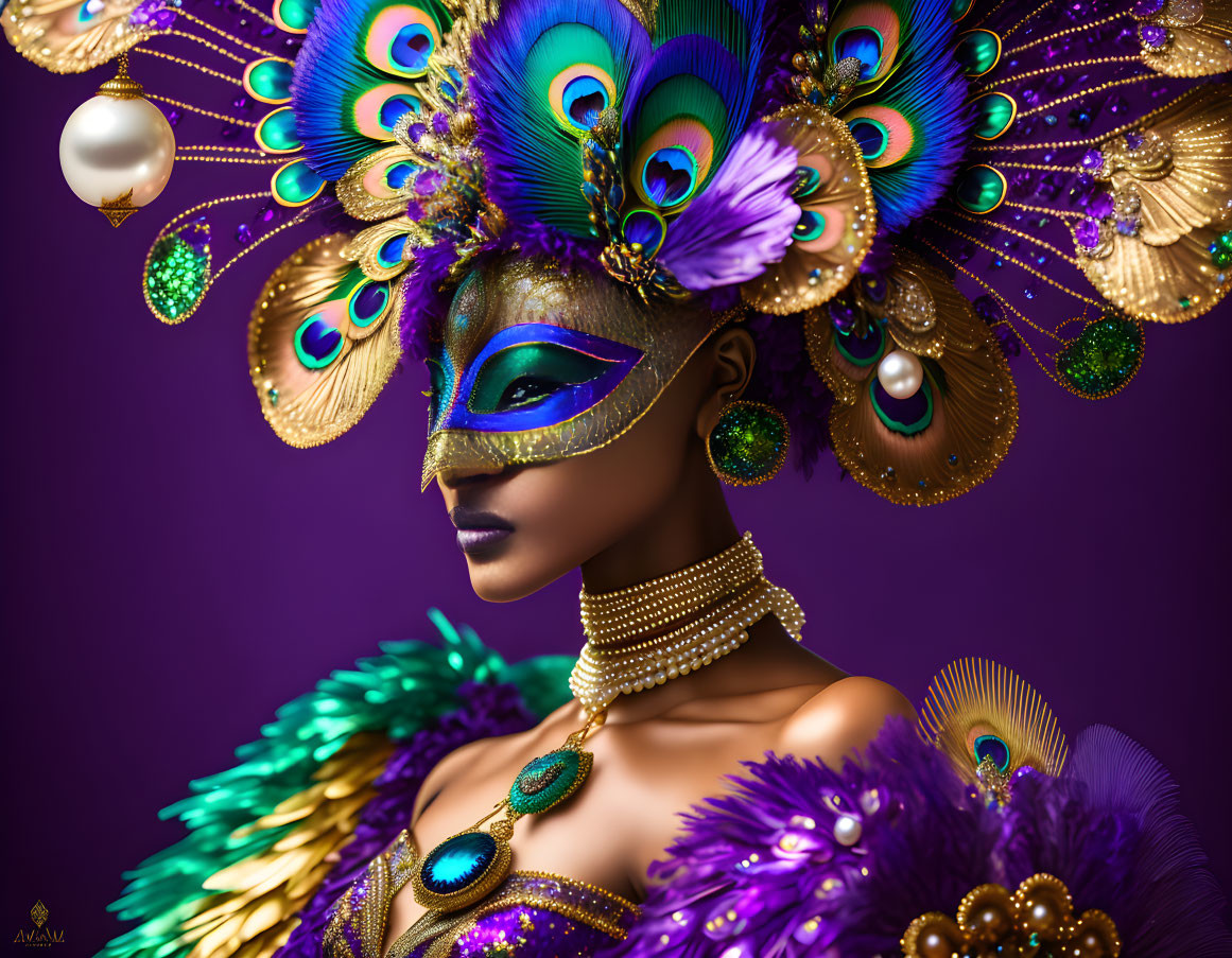 Colorful masquerade portrait with peacock feather headdress and golden mask
