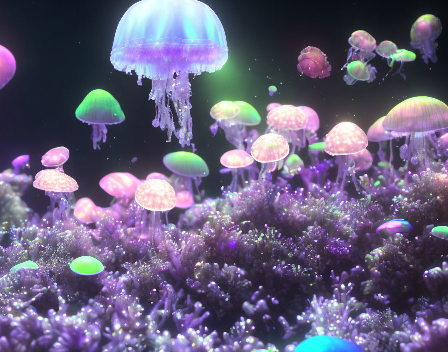 Colorful Jellyfish and Neon Coral Reef in Vibrant Underwater Scene