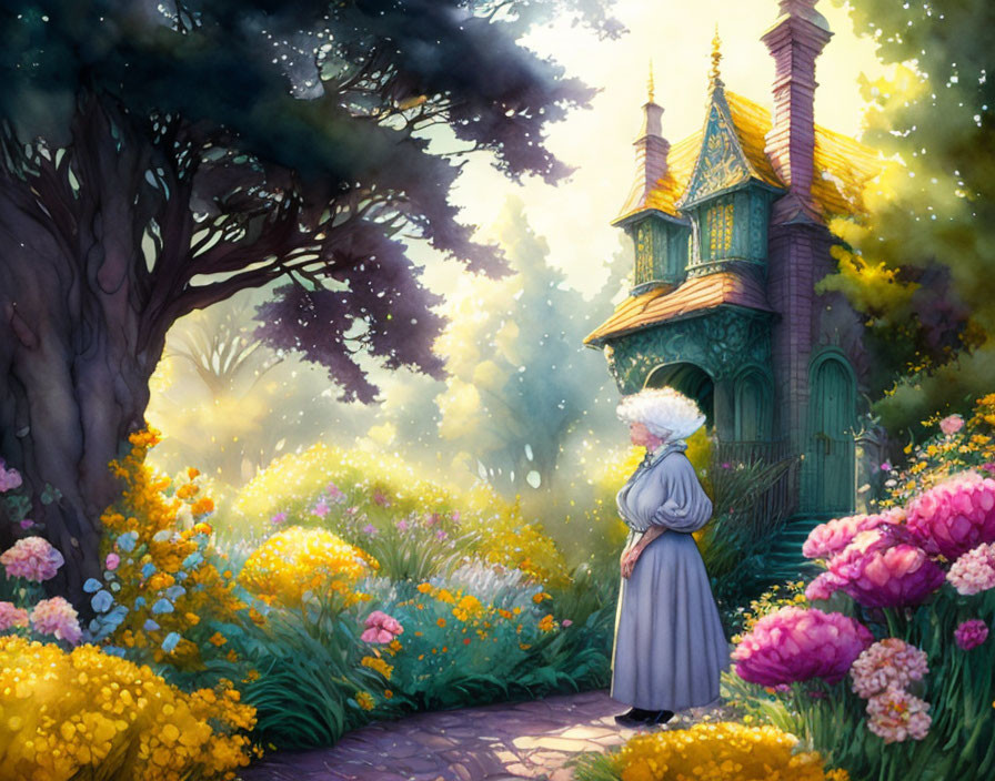 Historical woman on flower-lined path gazing at quaint forest cottage