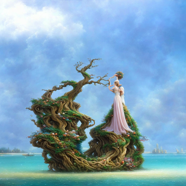 Woman in flowing gown on fantastical tree structure over water under blue sky