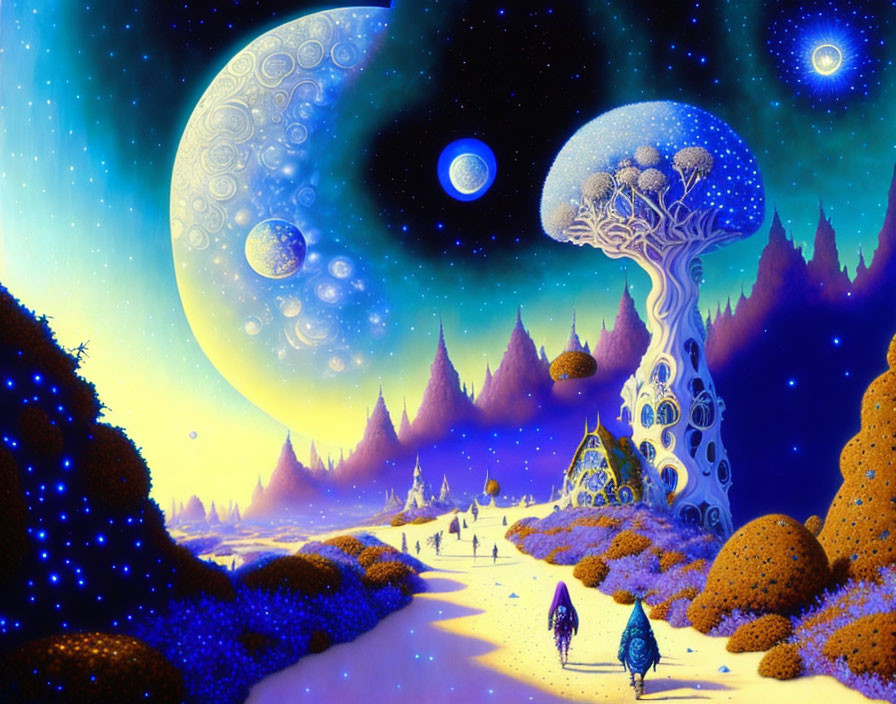 Fantastical landscape with towering mushroom, oversized moons, figures walking on path amid vibrant flora