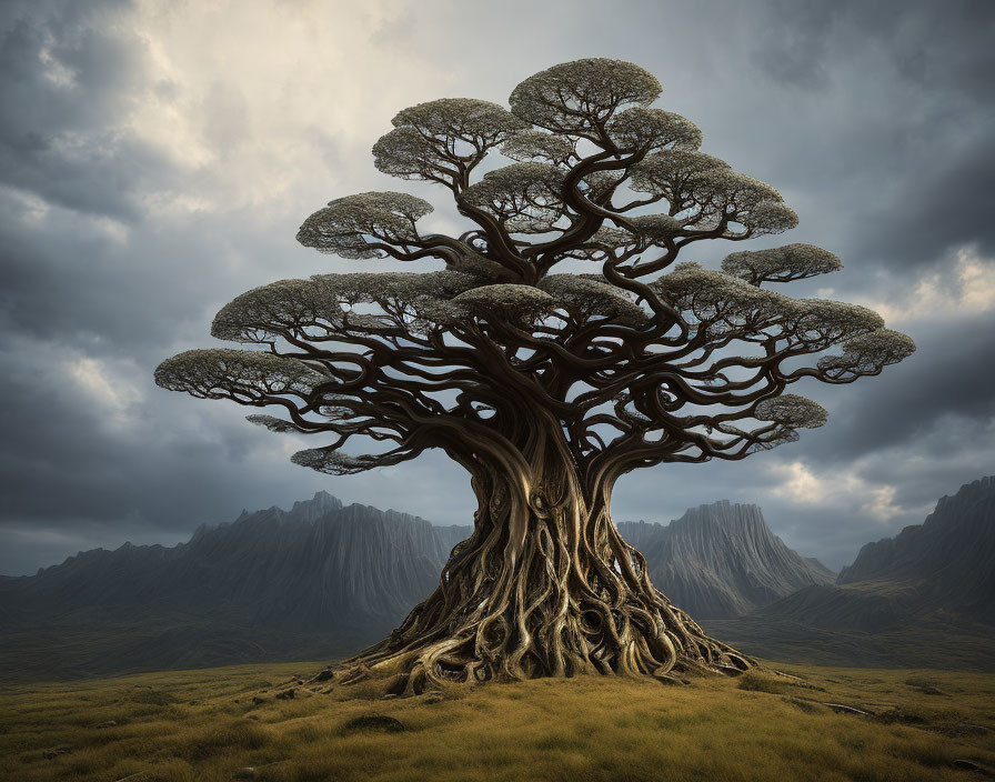 Majestic tree with thick trunk and expansive canopy on grassy plain with distant mountains under cloudy sky