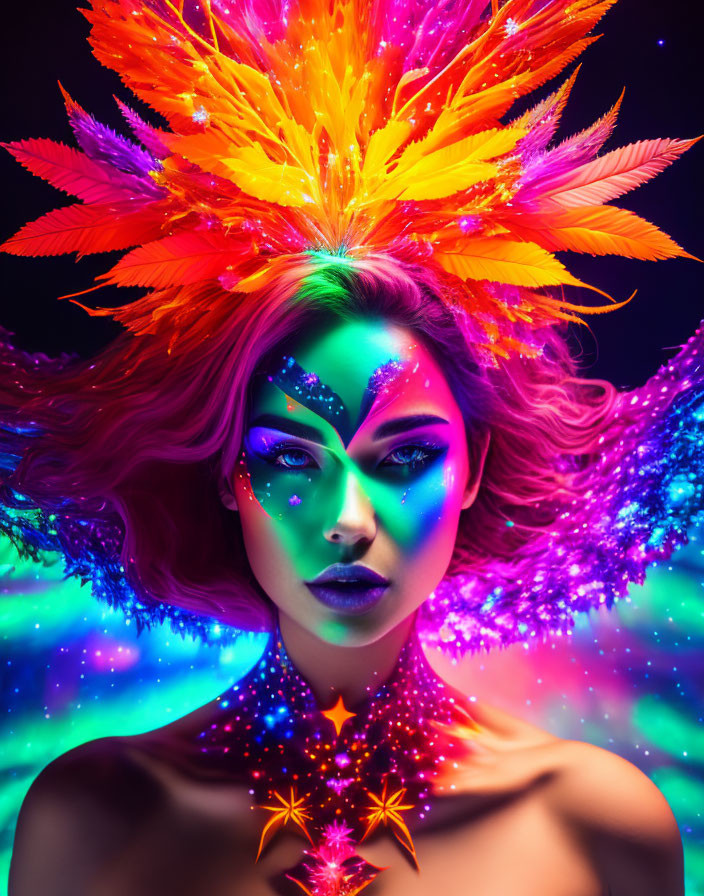 Colorful Body Paint and Feather Headdress on Woman Against Dark Background