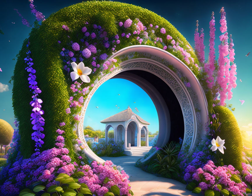 Digital art: Floral archway & gazebo in lush garden under blue sky