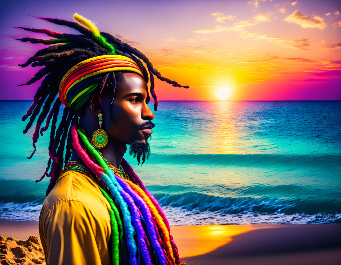 Colorful Dreadlocks and Rasta Headband Beach Sunset Scene