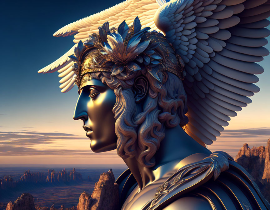 Mythical figure with winged helmet and armor in dramatic landscape