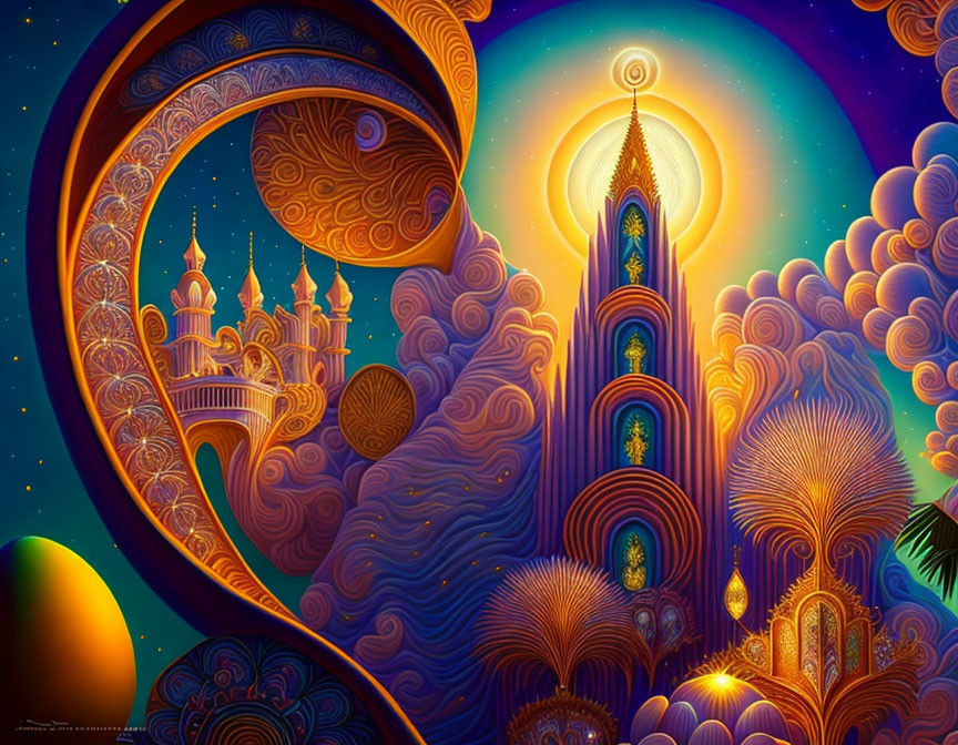 Fantastical landscape with swirling sky and ornate towers.