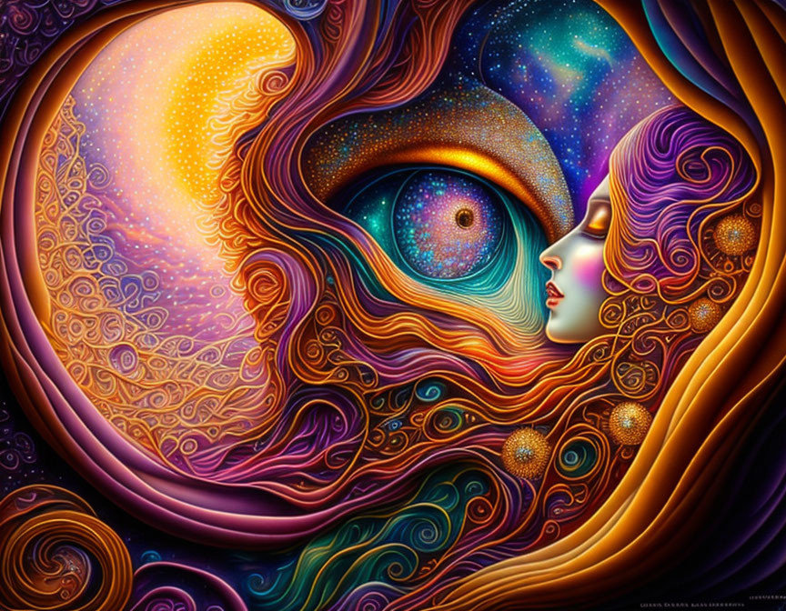 Colorful psychedelic artwork: woman's profile with flowing hair and celestial eye