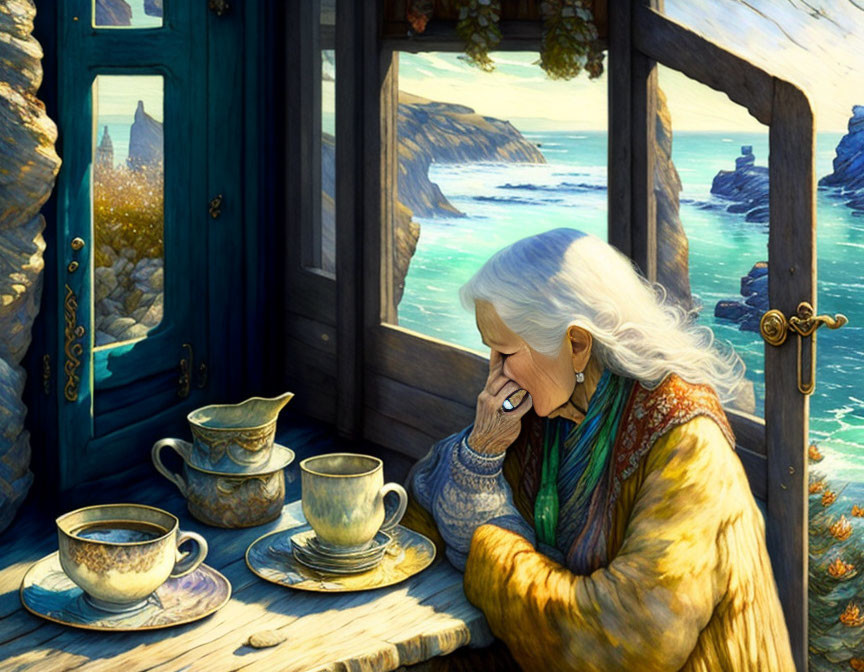 Elderly woman with white hair contemplating by table with tea cups near coastal landscape