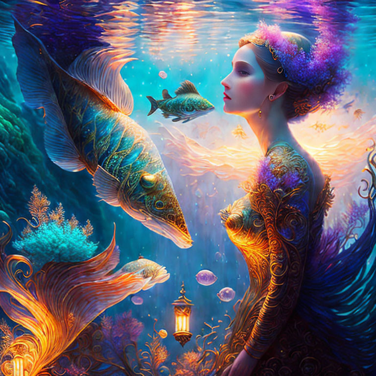 Vibrant surreal portrait of woman underwater with fish and coral
