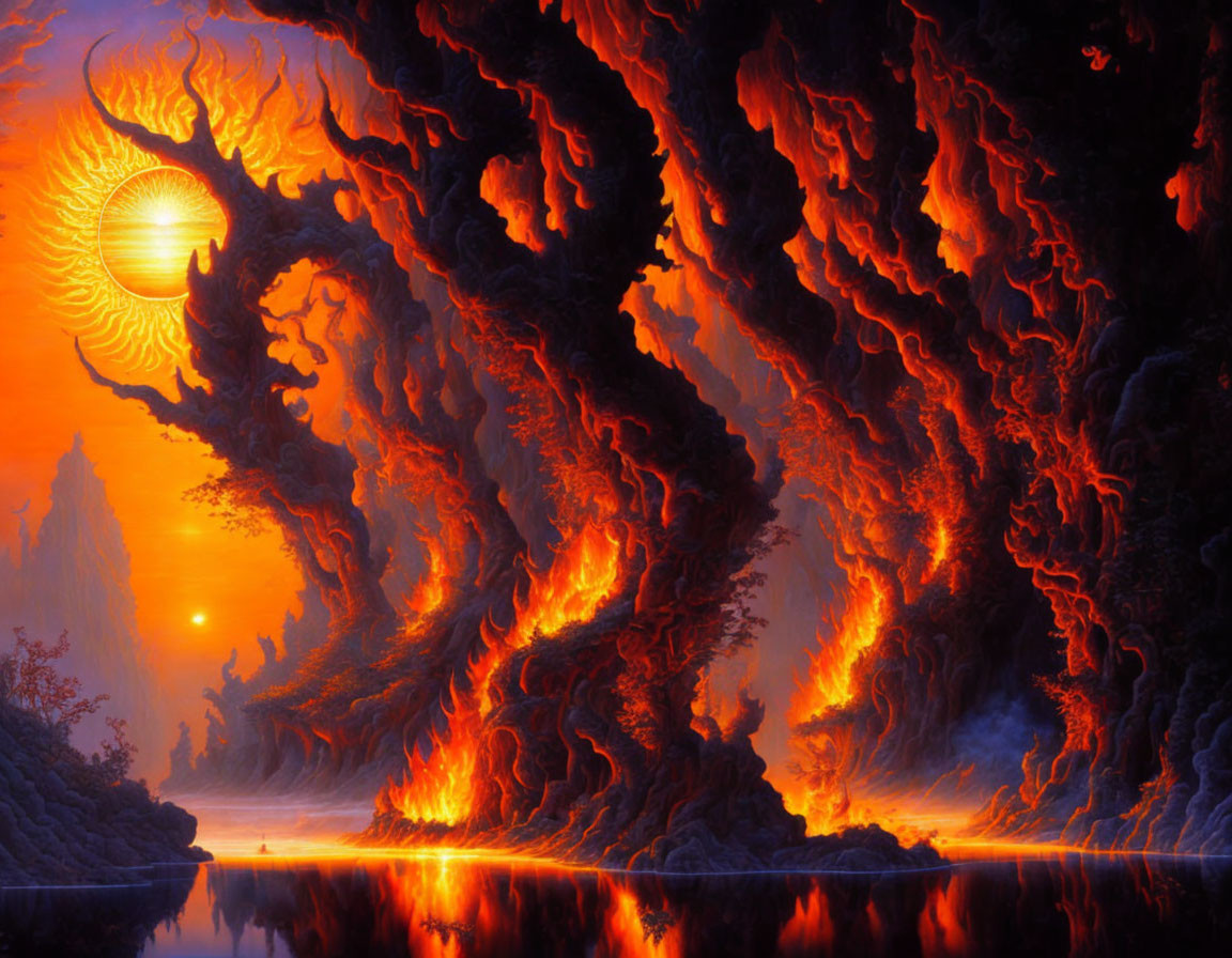 Fantastical landscape with fiery trees, radiant sun, and glowing river.