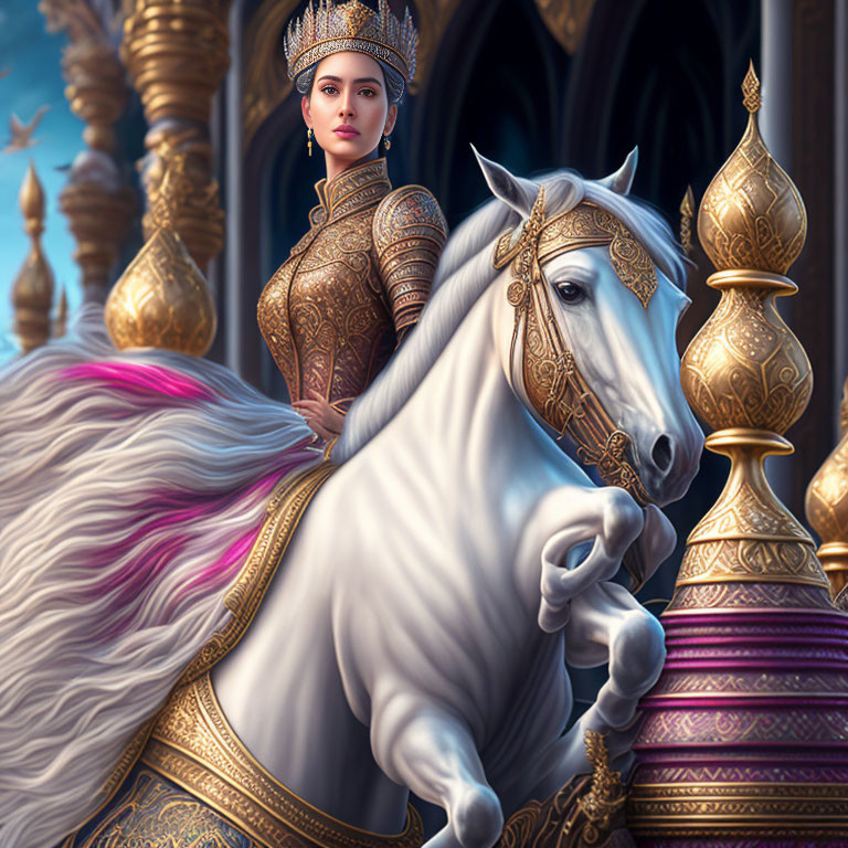 Regal woman in ornate armor with crown beside majestic white horse and palace spires