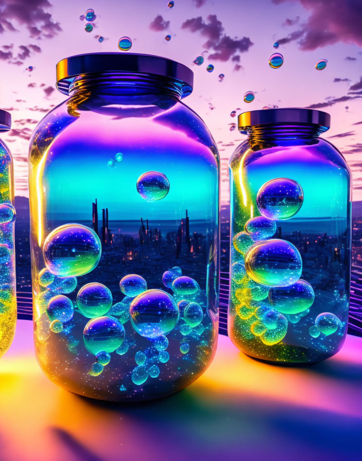 Colorful glowing jars with bubbles in surreal sunset skyline.