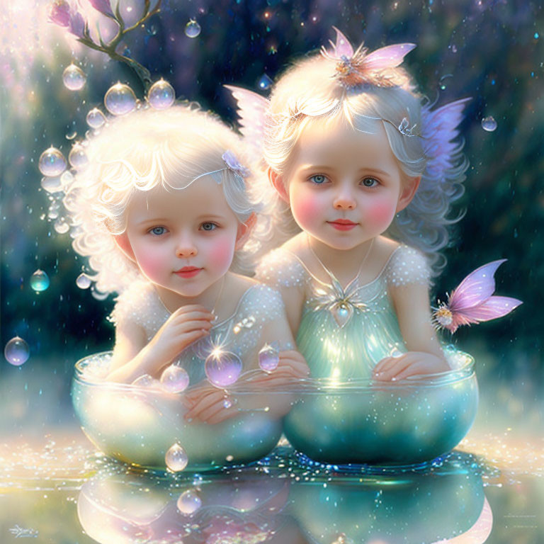 Angelic figures with wings and halos in glowing bowls, surrounded by bubbles and butterflies