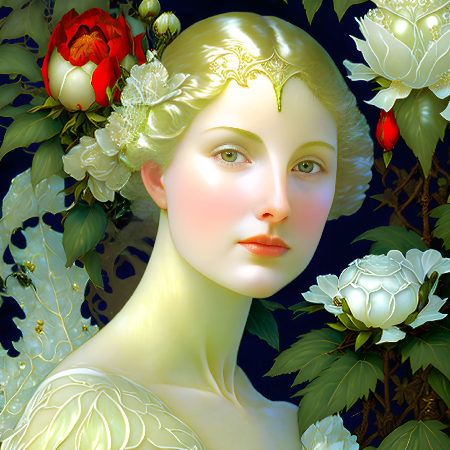 Illustration: Fair-skinned woman with golden headdress in lush greenery and white flowers.