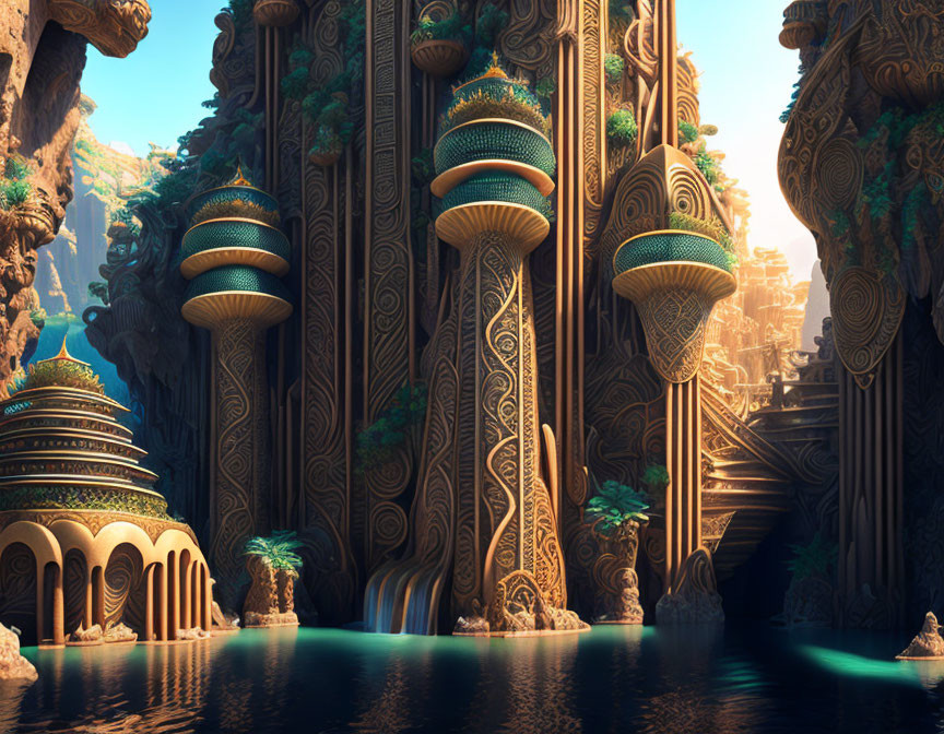 Fantastical landscape with ornate towers, cliffs, greenery, waterfalls