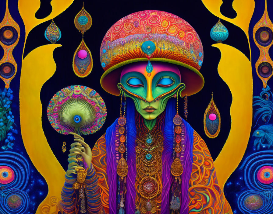 Colorful Psychedelic Alien Artwork with Decorated Hat and Fan on Dark Blue Background