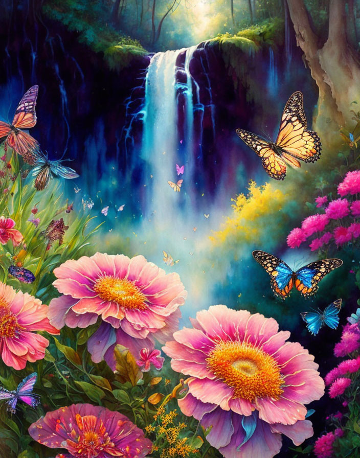 Scenic painting of waterfall, greenery, flowers, and butterflies