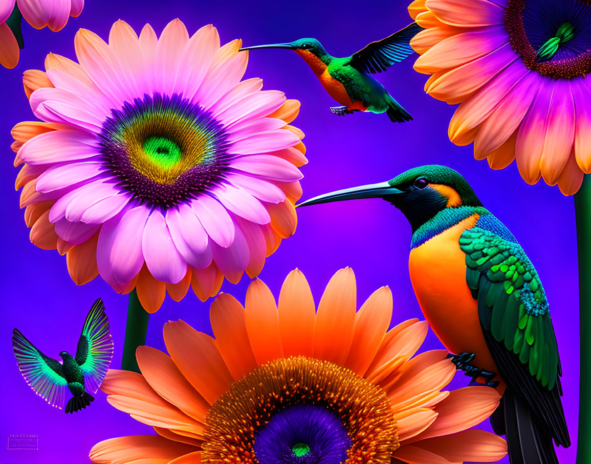Colorful digital artwork: pink-purple gerbera flowers and hummingbirds on deep blue.