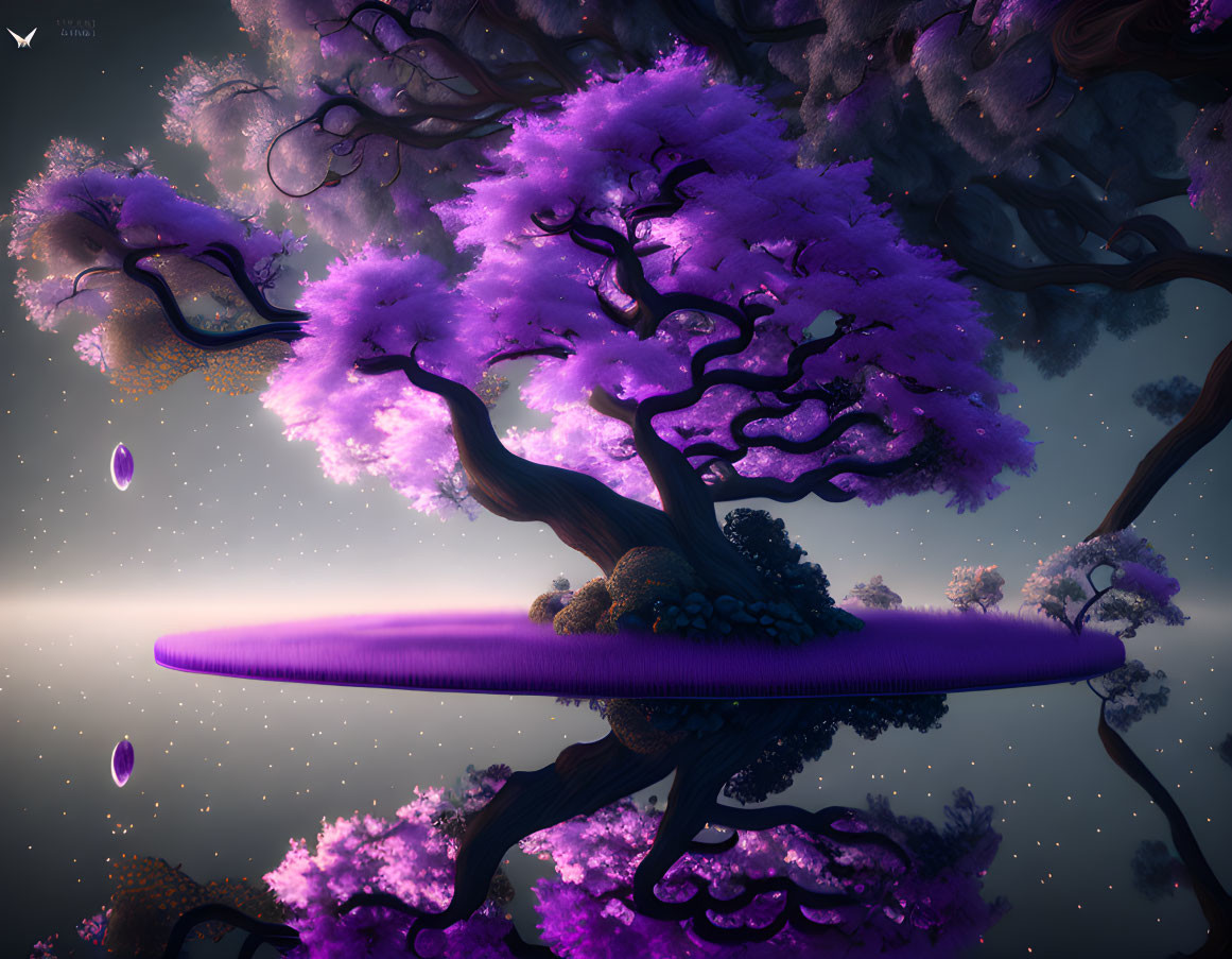 Vibrant purple foliage on trees in surreal landscape.