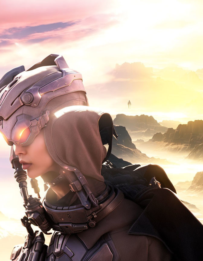 Futuristic armor-clad person gazes at sunset sky over rugged landscape
