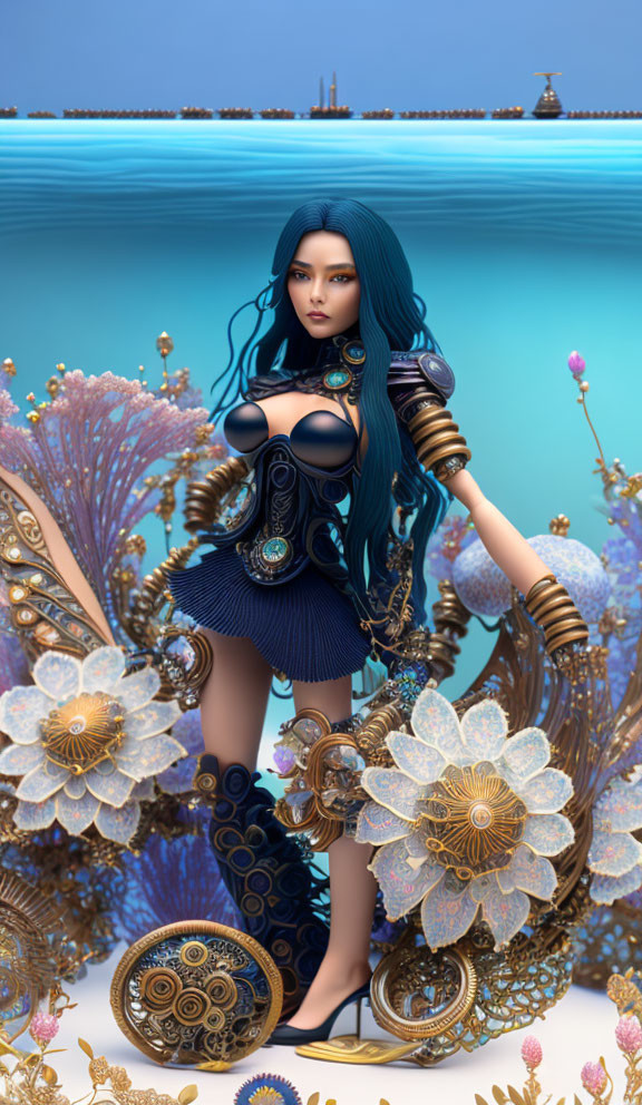 Digital artwork: Female character with blue hair in ornate mechanical-style clothing among golden floral designs on surreal