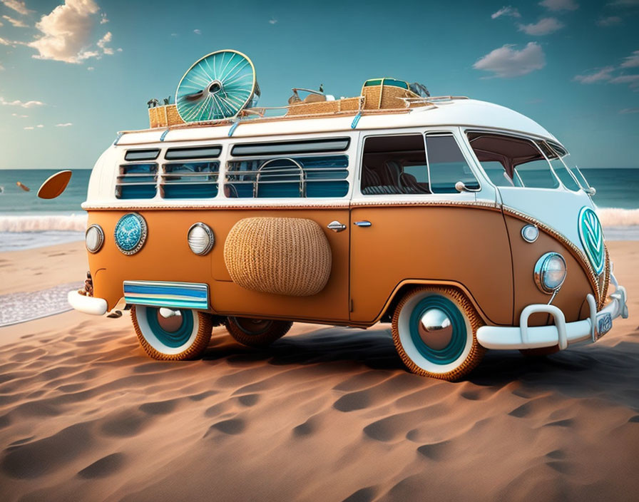 Vintage Volkswagen Van with Beach Gear on Sand by Ocean