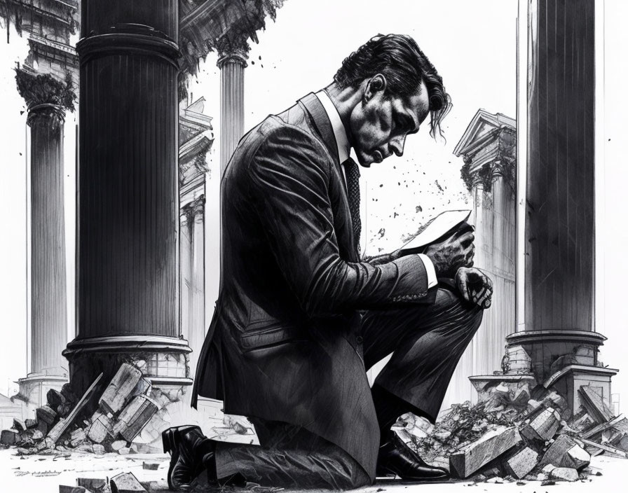 Monochromatic illustration of man in suit writing among ruins