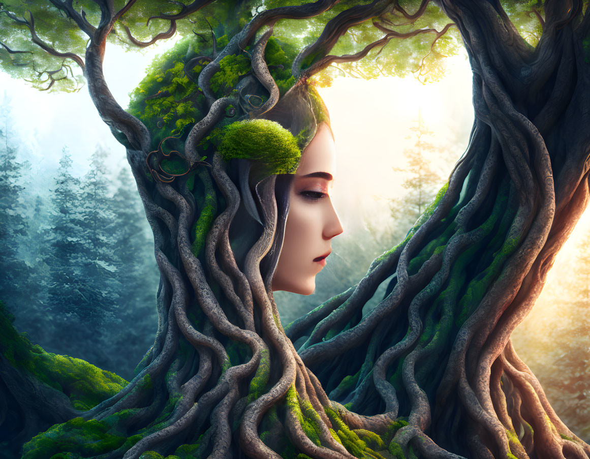 Woman's profile merges with ancient tree in misty forest landscape