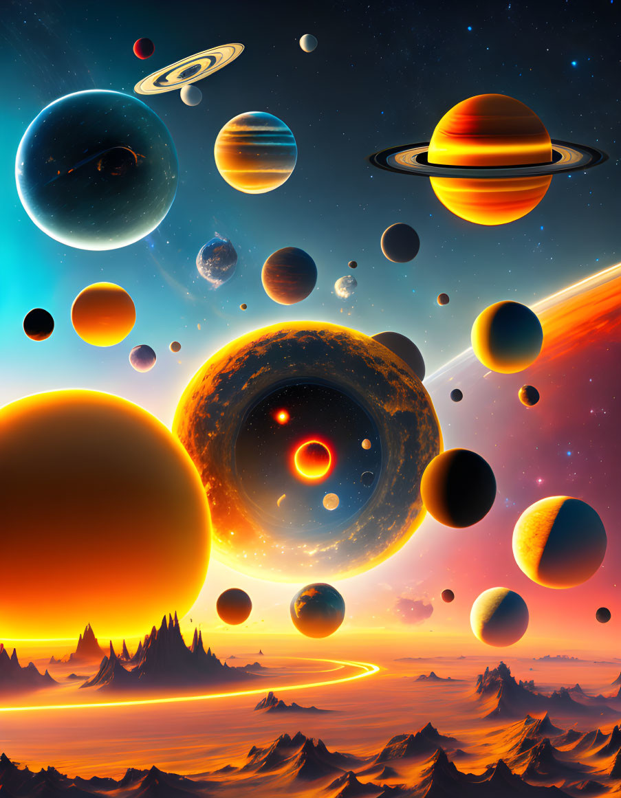 Colorful Cosmic Planets and Moons Against Starry Sky