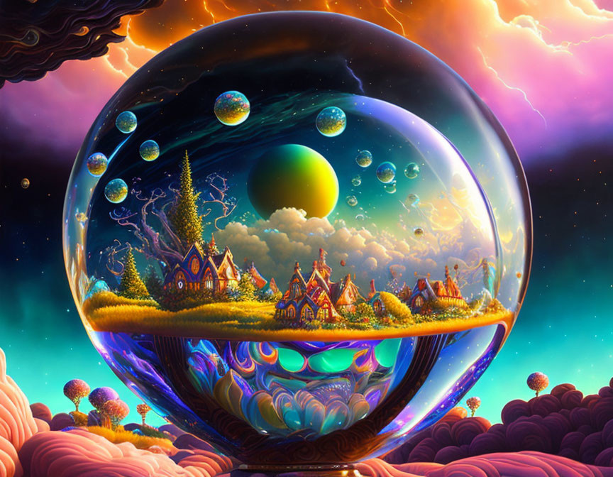 Colorful surreal landscape with crystal ball and fantasy village under vibrant sky