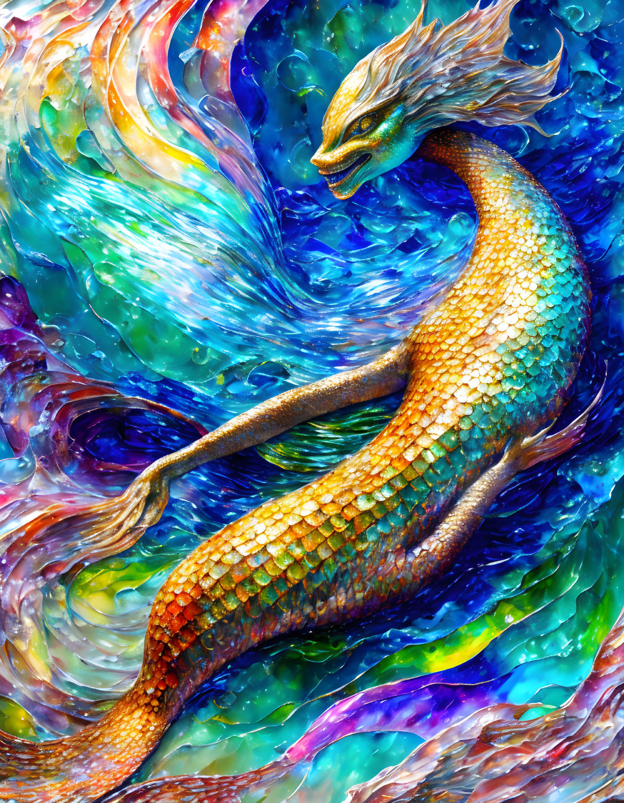 Colorful Mythical Sea Serpent Illustration on Abstract Background
