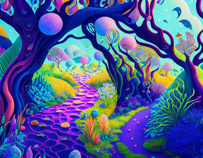 Colorful surreal landscape with twisted purple trees and balloons in the distance