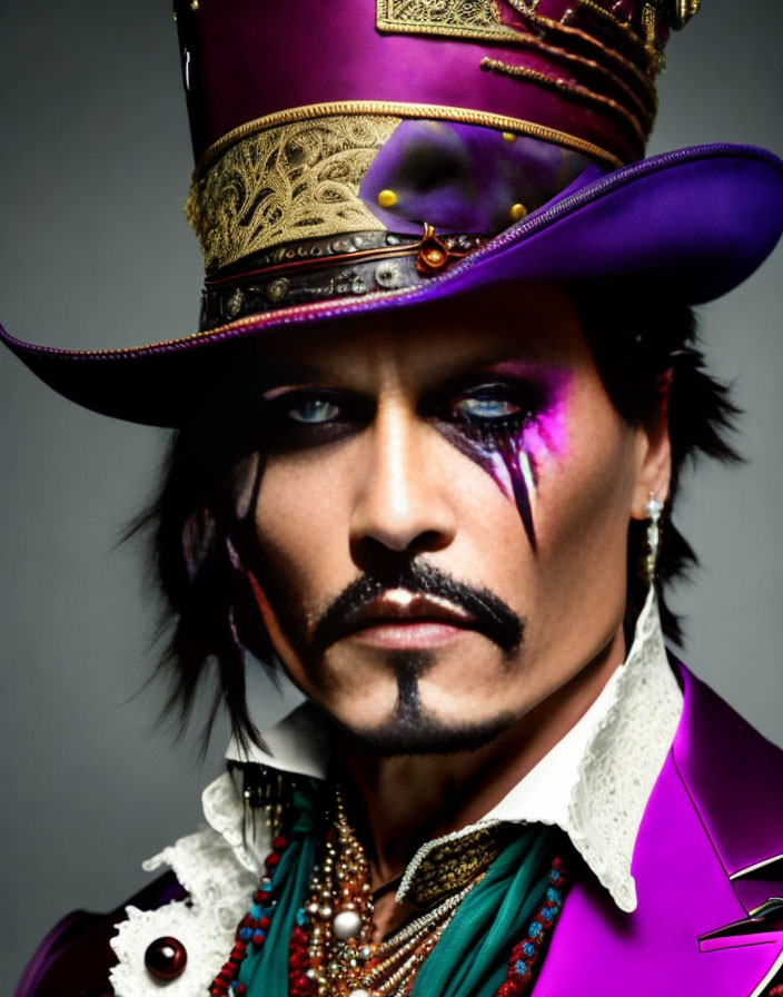 Person with dramatic makeup and purple top hat, jacket, necklaces, mustache, and goatee