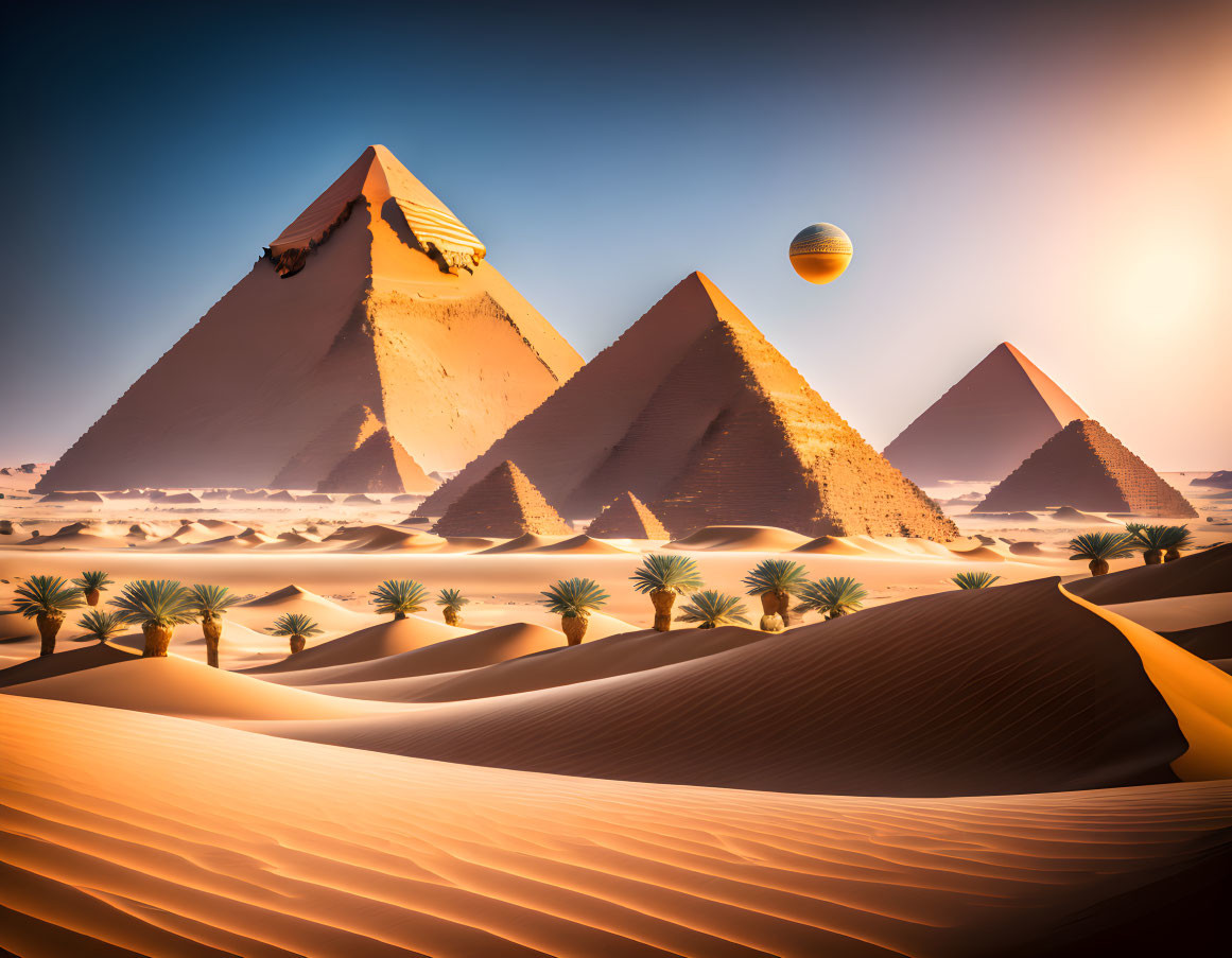 Surreal desert scene with Great Pyramids and hot air balloon at sunset