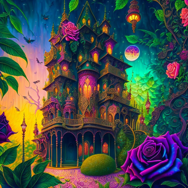 Violet Fantasy Castle in Twilight Garden Landscape