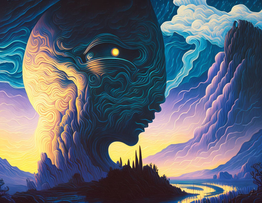 Surreal landscape with human head profile and brain pattern hills under vibrant sky