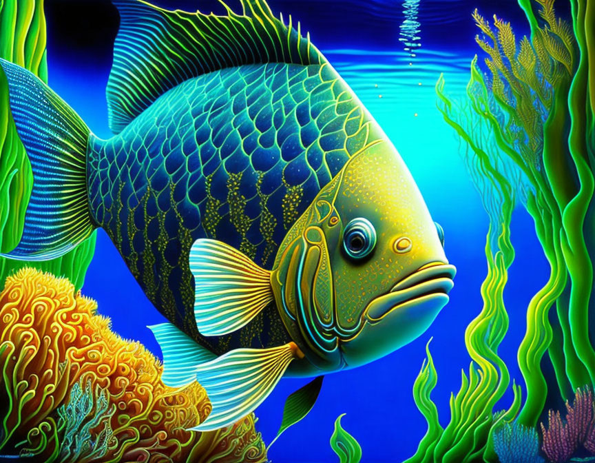 Fantasy fish with intricate scales and patterns in vibrant underwater scene