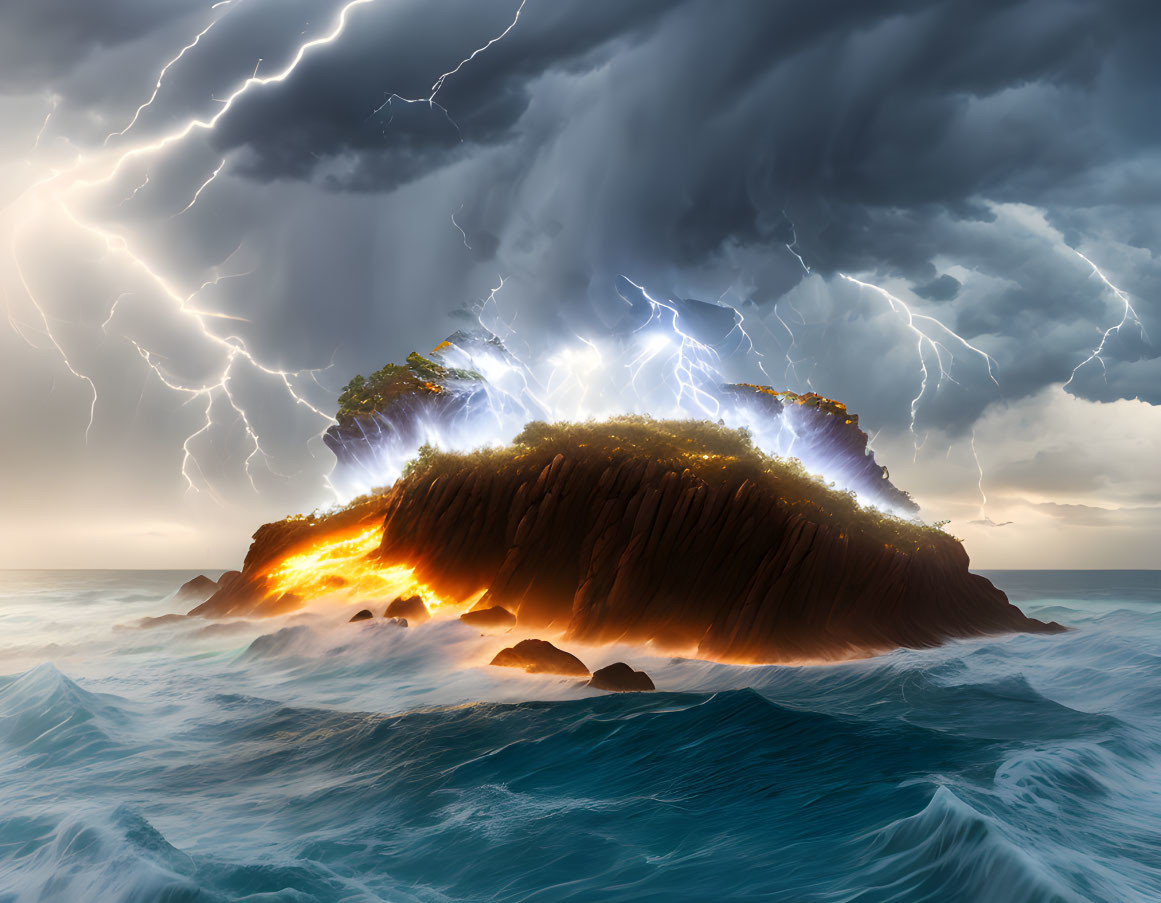 Isolated island with fiery explosion, stormy seas, and lightning strikes