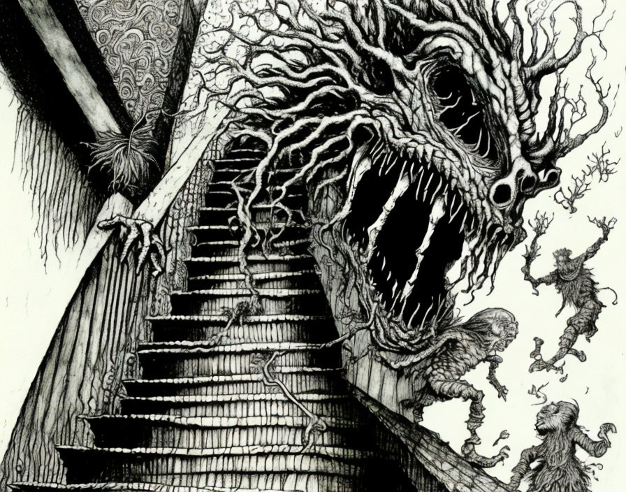 Detailed black and white drawing of monstrous entity on staircase