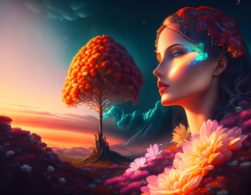 Surreal portrait of woman with autumn tree hair in flower-filled scene