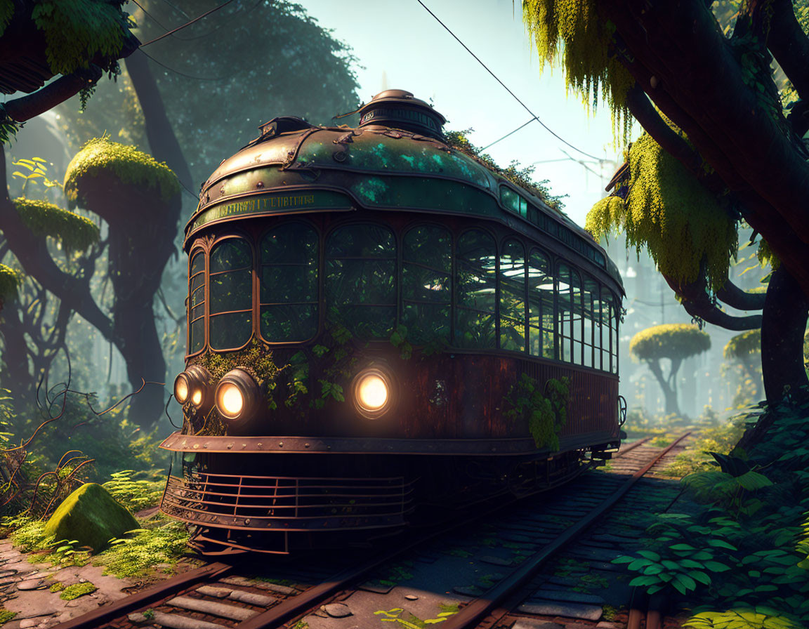 Vintage tram in lush forest setting with sunlight filtering through trees